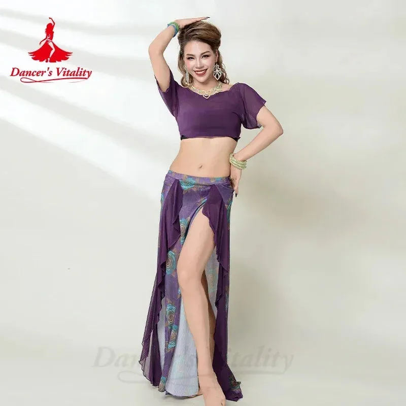 Belly Dance Costume Set for Women Gauze Short Sleeves Top printing Long Skirt 2pcs Adult Belly Dancing Outfit