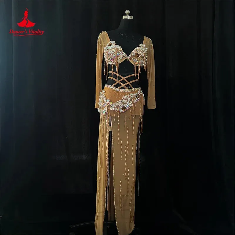 Belly Dance Costume Suit for Women Oriental Senior Pearls Bra mesh Skirt 2pcs Custom Adult Child Popsong Classic Costume Outfit