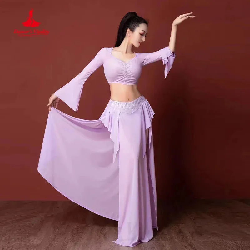 Belly Dance Practice Clothing Customized Trumpet Sleeve Top sexy Slit Long Skirt 2pcs Women Oriental Dance Performance Costumes