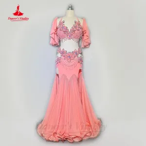 Belly Dancer Competiton Clothing Suit Customsized Adult Children Stones Bra sleeves split Skirt 2pcs Oriental Bellydance Outfit