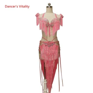 Customized Belly Dance Performance Costume Elegant Tassel Bra Diamond Skirt Set Women Oriental Indian Drum Dancing Stage Wear