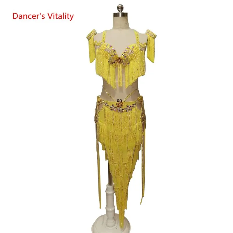 Customized Belly Dance Performance Costume Elegant Tassel Bra Diamond Skirt Set Women Oriental Indian Drum Dancing Stage Wear