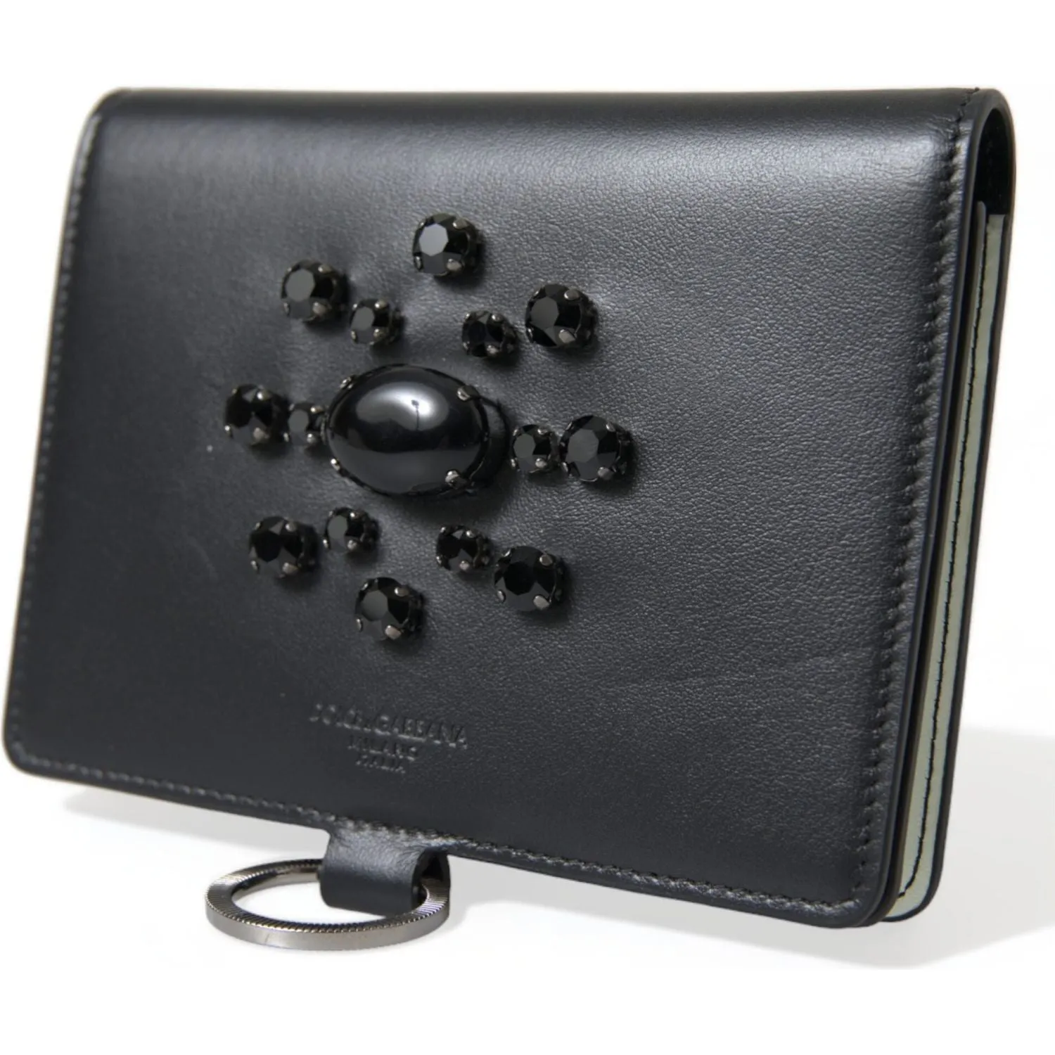 Dolce & Gabbana Elegant Black Leather Crystal Card Holder Wallet