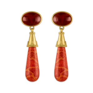 Garnet and Coral Granulated Amphora Earrings