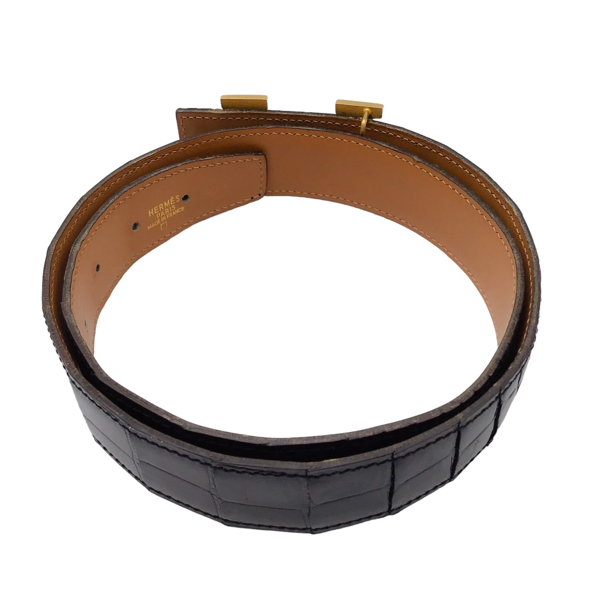 Hermes Vintage 1996 Black / Gold H Patent Alligator Skin Leather Belt