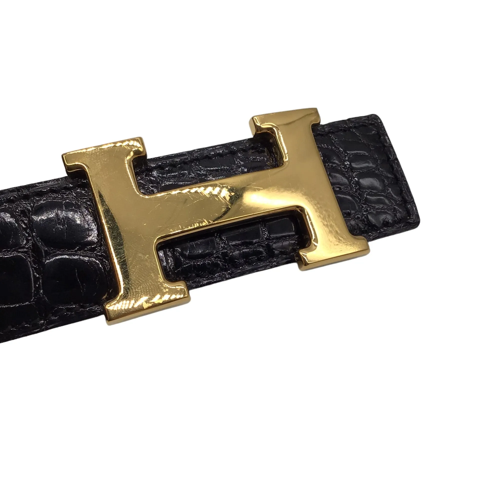 Hermes Vintage 1996 Black / Gold H Patent Alligator Skin Leather Belt