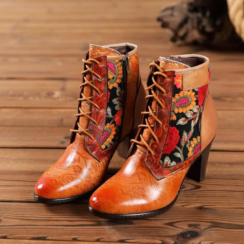 Stylish Retro Floral Print Three-Quarter Cognac Boots