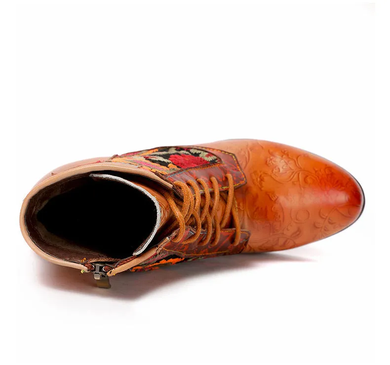 Stylish Retro Floral Print Three-Quarter Cognac Boots