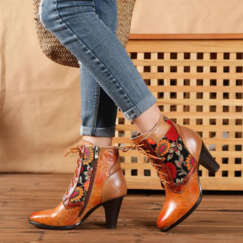 Stylish Retro Floral Print Three-Quarter Cognac Boots