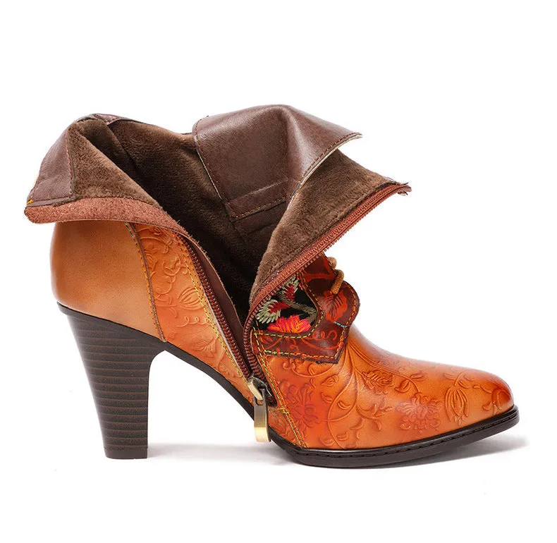 Stylish Retro Floral Print Three-Quarter Cognac Boots