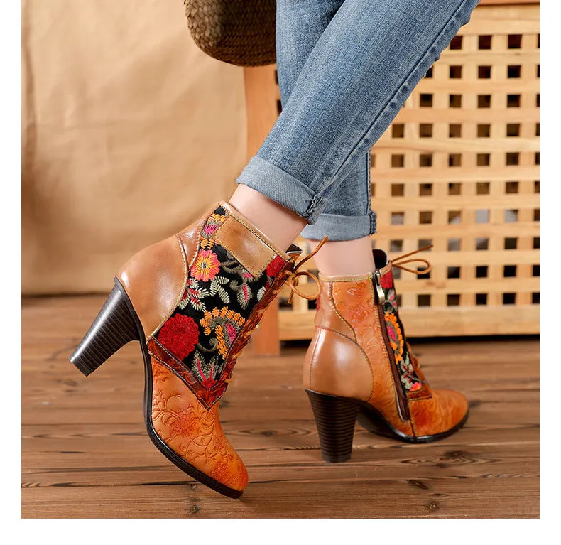 Stylish Retro Floral Print Three-Quarter Cognac Boots