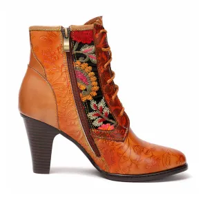 Stylish Retro Floral Print Three-Quarter Cognac Boots