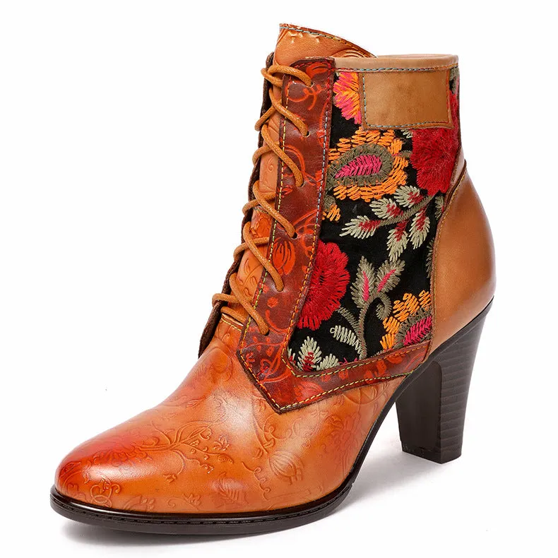 Stylish Retro Floral Print Three-Quarter Cognac Boots