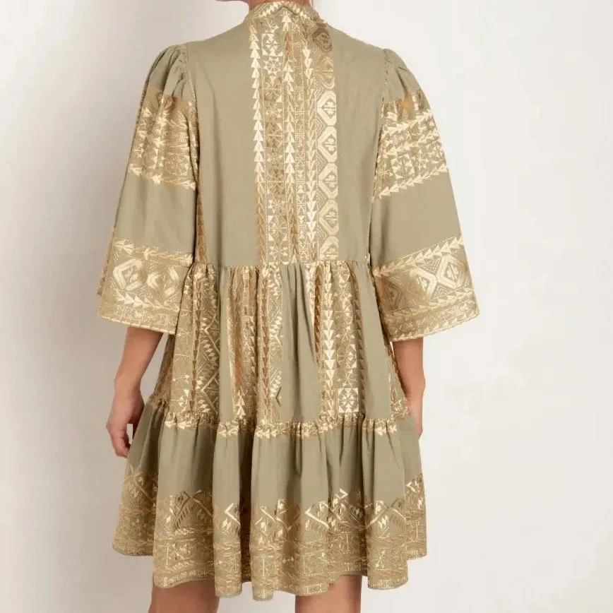 Tea & Gold Linen Dress with 3/4 sleeve