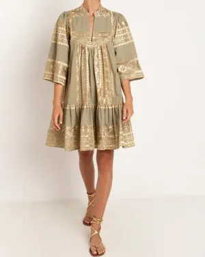 Tea & Gold Linen Dress with 3/4 sleeve